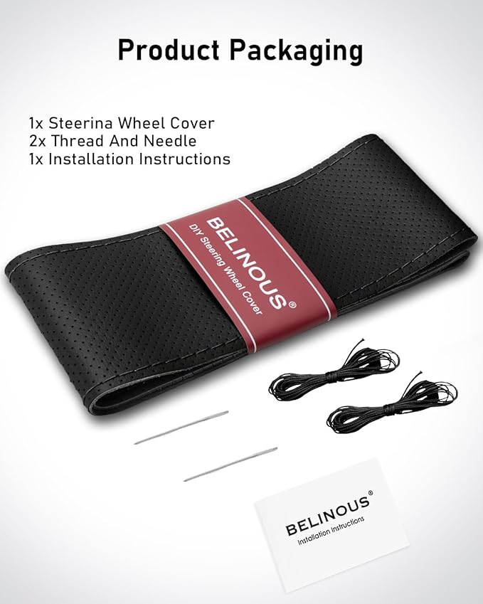 BELINOUS Universal Leather Car Steering Wheel Cover, Stitch On Wrap (Size M3, Black)