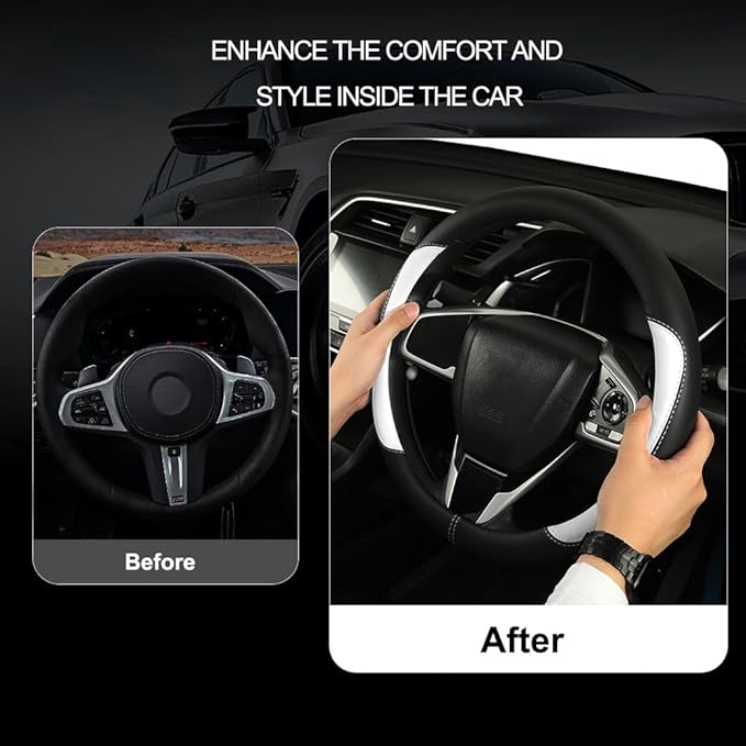 Car Steering Wheel Cover,Microfiber Leather Steering Wheel Cover Universal 15.5-16 inch, Anti-Slip Breathable Auto Wheel Cover Protector for Men Women (Black&White)