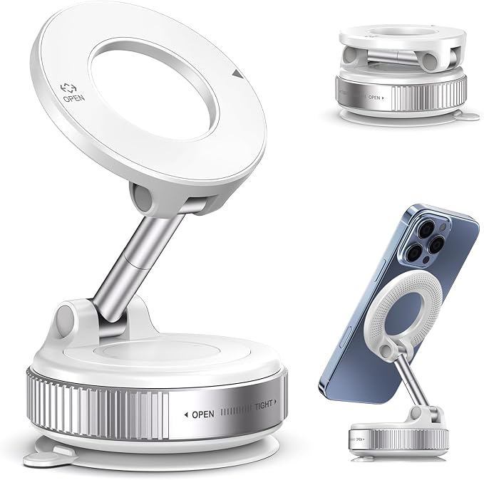 Jikasho Vacuum Magnetic Suction Phone Holder, Foldable and Retractable Hands-Free Suction Cup Phone Mount for Car/Gym/Mirror/Smooth Surface, Compatible with iPhone Android and All Smartphones (White)