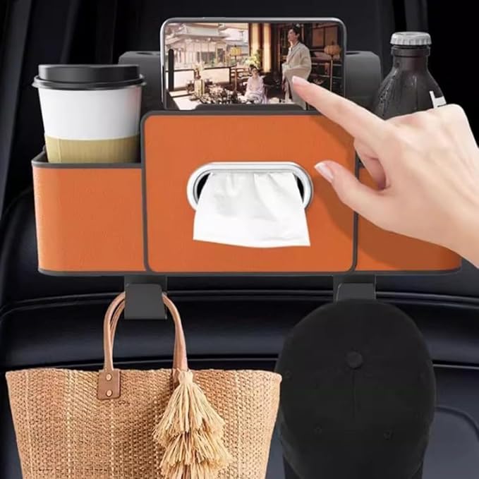 3-in-1 Car Backseat Organizer, Car Organizers and Storage Box with 2 Cup Holders & 4 Hooks, Multifunctional Car Seat Back Storage Box with Tissue Box, for Phone, Snacks, Drinks, Handbag (Brown, 1PC)