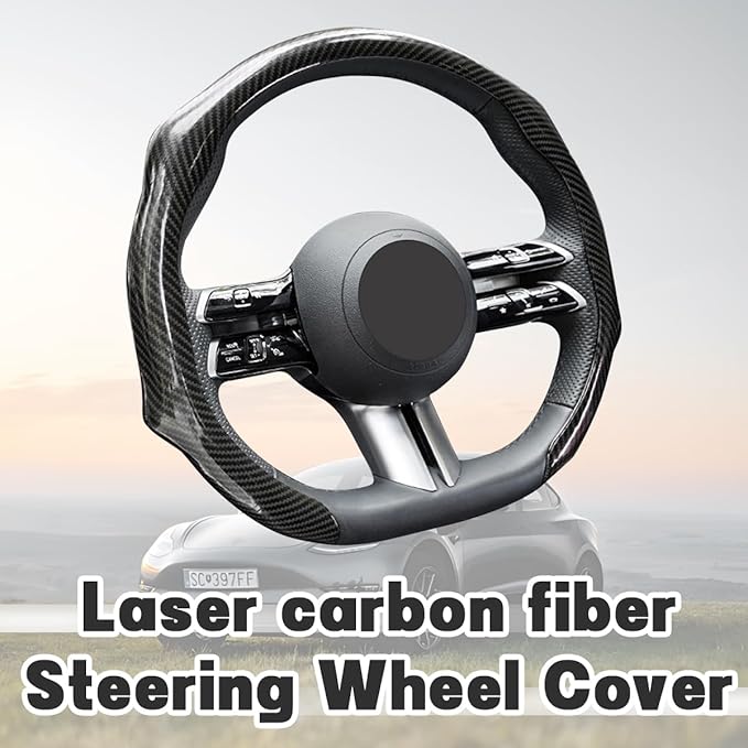 Carbon Fiber Car Steering Wheel Cover, Leather Non-Slip Vehicle Steering Wheel Cover for 14.5-15 Inch, Comfortable Auto Interior Protector Decoration Accessories, Universal Fit(Black)