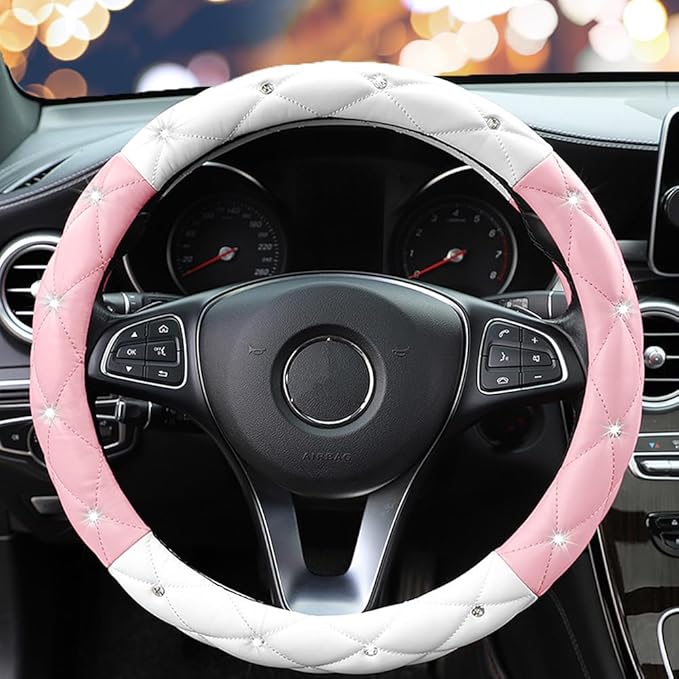 YOGURTCK Cute Diamond Soft Leather Steering Wheel Cover with Bling Bling Crystal Rhinestones, Universal 15 Inch for Women Girls, Fit Vehicles, Sedans, SUVs, Vans, Trucks - Light Pink and White