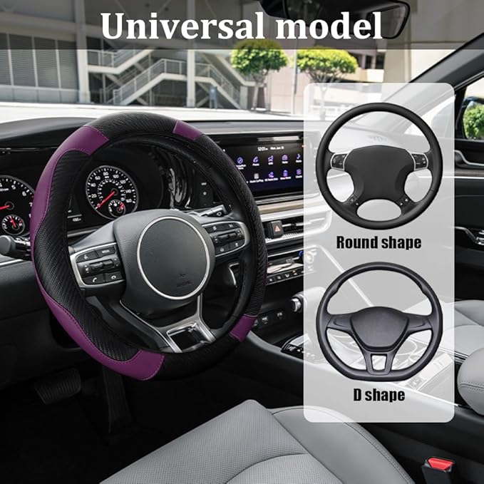 Car Steering Wheel Cover, Steering Wheel Protector, 15 inch Durable Leather Cover with Anti-Slip Lining, Universal Carbon Fiber Microfiber Leather Car Accessories for Most Cars (Black&Purple)