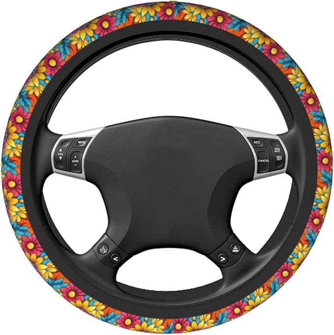 Lovely Flowers Cute Steering Wheel Cover Non-Slip Breathable Sweat-Absorbent Suitable for SUV Van Truck Car Universal Protection Accessories 15 Inch Suitable for Women Men