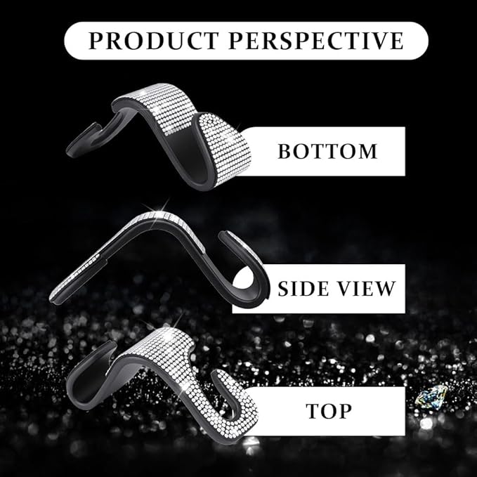 2PCS Car Seat Hooks, Purse Hook for Car, Crystal Rhinestone Vehicle Backseat Purse Holder, Auto Accessories Diamond Auto Seatback Storage Organizer Hanger for Handbag Clothes Purse (White)