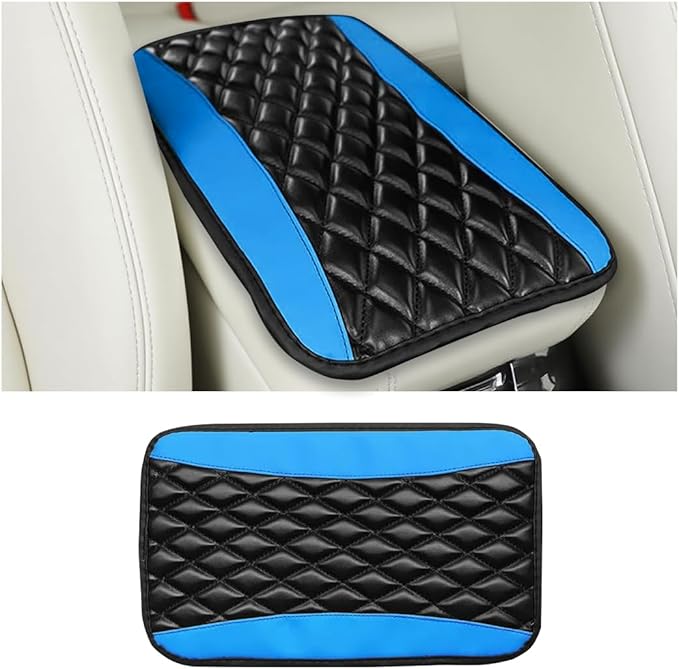 Car Center Console Cover, Comfortable PU Leather Vehicle Armrest Storage Box Cushion Pad, Anti-Scratch Automotive Interior Arm Rest Cover Protector, Universal for Truck SUV Sedan (Blue)