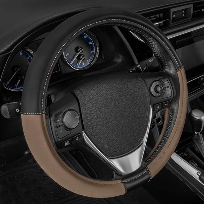 Caterpillar Two Tone Ergonomic Soft Leather Grip Steering Wheel Cover – Strong, Durable and Comfortable Universal Size 14.5-15.5 Inch (Beige/Black) (CASW-2221-BG) (Pack of 2)