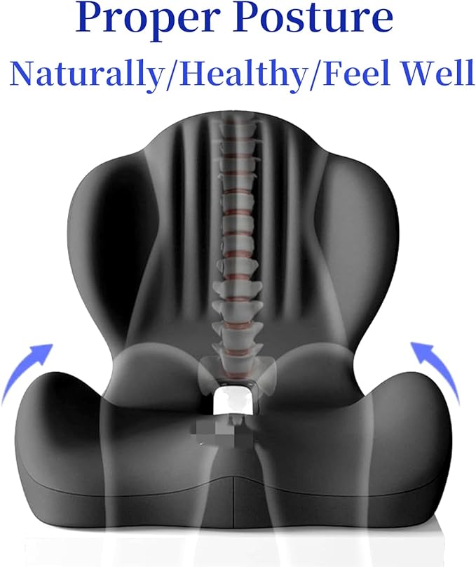 Ergonomic Memory Foam Seat Cushion with Lumbar Support, Office Chair and Car Seat Cushion for Back Pain Relief, Pressure Reducing Comfort Pad, for Parents and Friend,Black