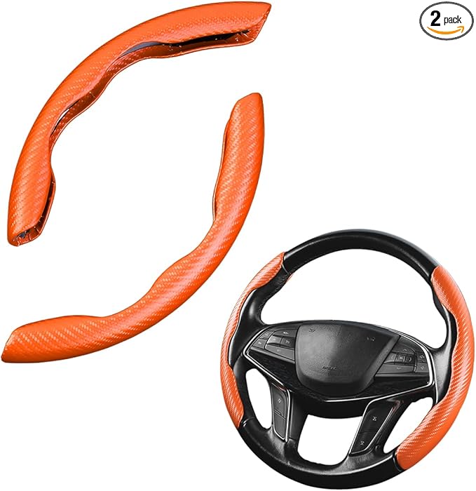 Car Steering Wheel Cover, 2PCS Segmented Steering Wheel Protector, Carbon Fiber Anti-Slip and Durable Car Accessory, Universal Fit for Most Cars (Carbon Fiber Orange)