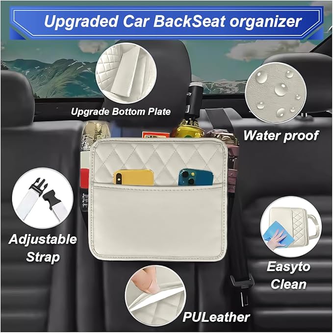 Car Back Seat Organizer, Waterproof Leather Automotive Backseat Hanging Bag with Cup Holders, Large Capacity Car Trash Can, Vehicle Travel Accessories for Most Vehicles (1PC/Beige)