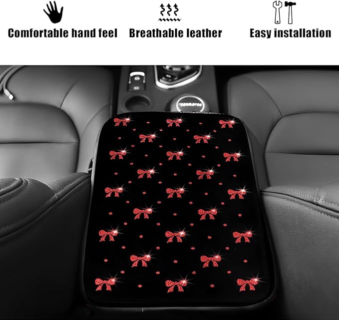 Car Center Console Cover, Waterproof Leather Bow Ribbon Vehicle Arm Rest Pad, Comfortable Automotive Interior Seat Box Armrest Protection Cushion Accessories, Universal Fit (Red)