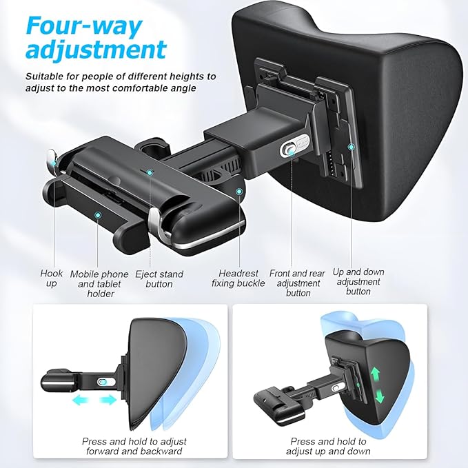 Mandark Car Neck Pillow, Memory Foam Vehicles Adjustable Support Headrest Pillow with Hook ＆ Tablet Phone Holder Mount, Multifunctional Auto Interior Accessories, Universal for SUV RV Truck (Brown)