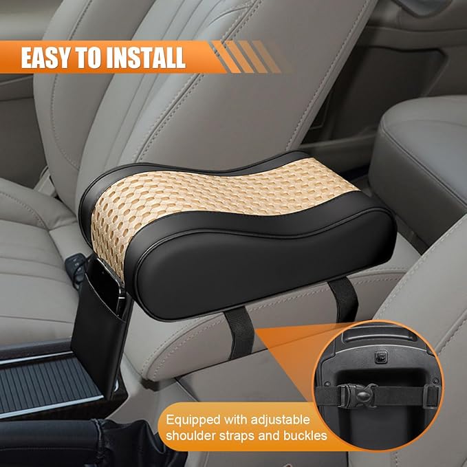 Car Armrest Cushion, Memory Foam Auto Center Console Armrest Pillow Pad with Storage Bag, Breathable Leather Car Middle Console Protective Pad with Phone Holder Relieve Elbow Pressure (Beige)