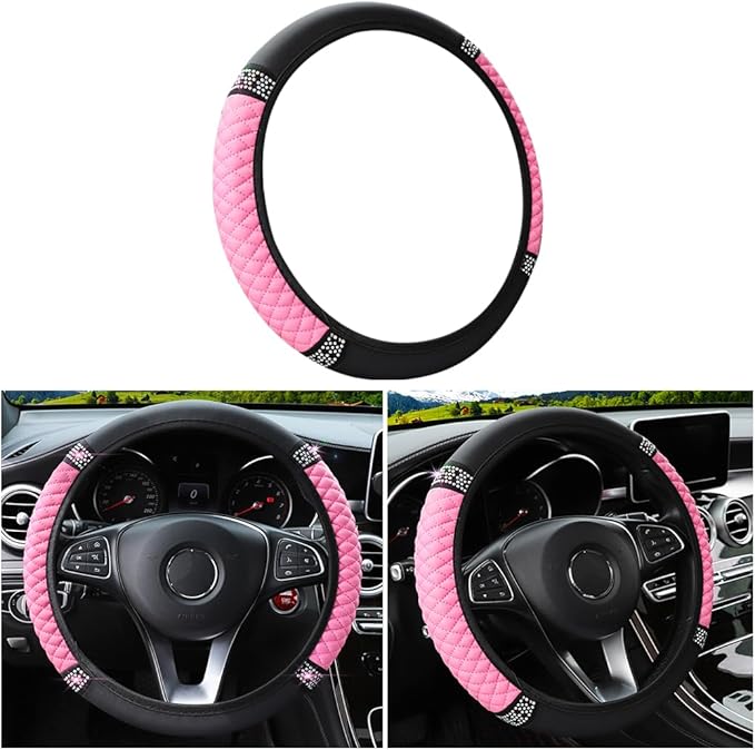 Bling Soft Leather Steering Wheel Cover, 15 Inch Colorful Rhinestones Auto Elastic Steering Wheel Protector, Sparkly Crystal Diamond for Women Girls, Car Accessories for Most Cars (Pink)