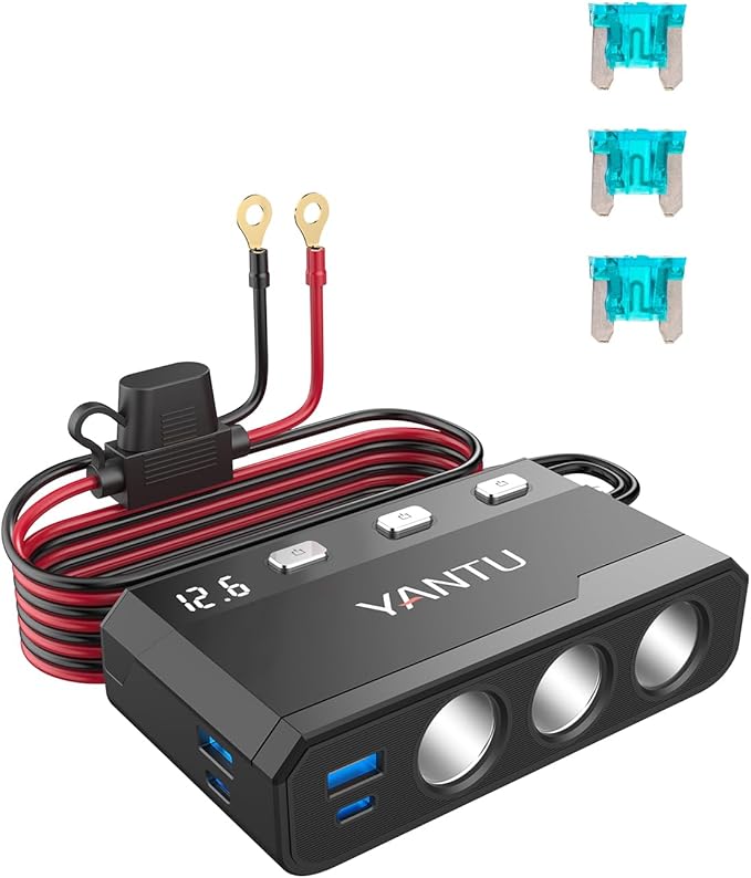 YANTU 270W Cigarette Lighter Adapter Splitter,QC3.0 & PD 150W Cigarette Lighter Socket with 12v USB Outlet/Plug and Outlet Eyelet Terminal,Double/Dual car USB Charger Multi Port with Switches