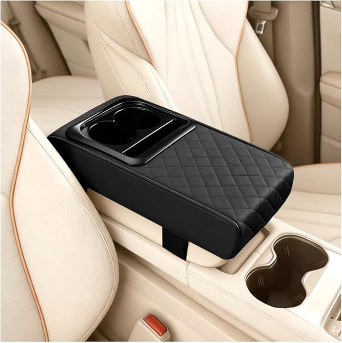 Car Center Console Armrest Pillow, Leather Vehicle Middle Console Protection Cushion with Cup & Phone Holder, Waterproof Automotive Arm Rest Box Cover, Universal Fit (Black Rhombus)