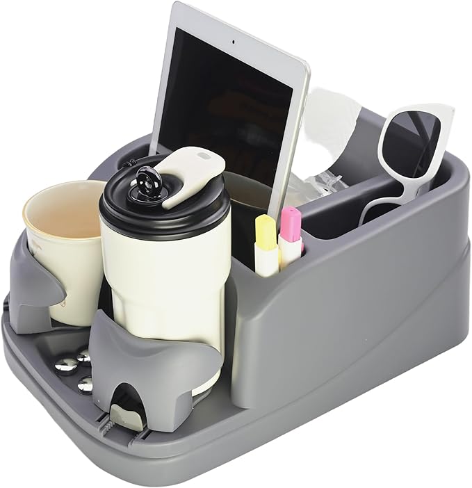Keyiduid Car Console Organizer, Car Seat Organizer with 2 Adjustable Cup Holders, Center Console for Cars, Trucks, Minivans, SUVs, Vehicle Organizer, 3 Large Storage Compartment (Gray)