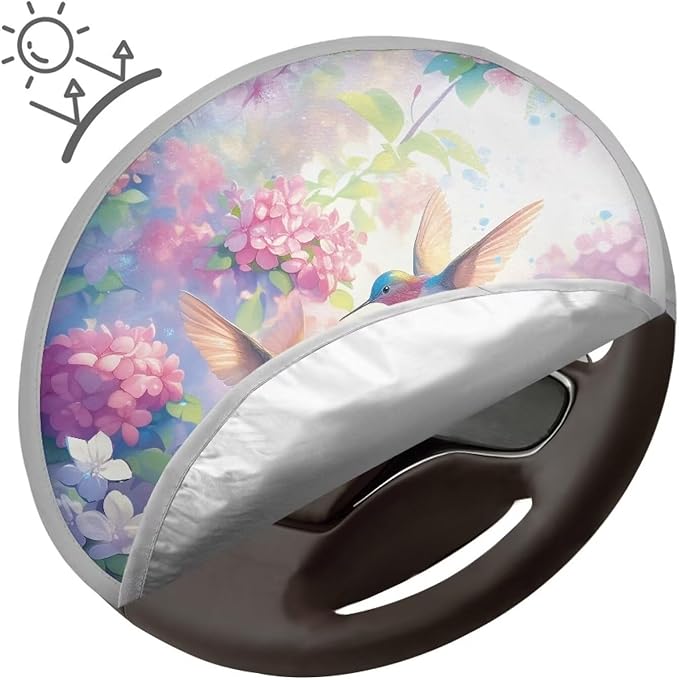 Dustproof Steering Wheel Sun Shade Steering Wheel UV Reflector Shade Cover Vehicle Accessories Universal Fit Car SUV Truck Van, Hummingbird Hydrangea Flower Pattern