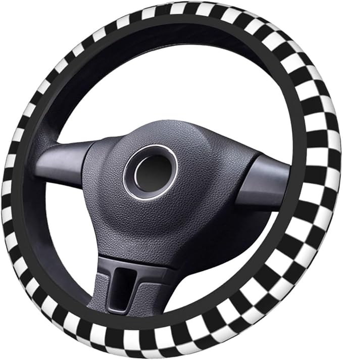 Black and White Race Checkered Steering Wheel Cover for Women Men Girls Car Accessories Decor Anti-Slip Neoprene Auto Steering Wheel Covers Protector Universal 15 Inch