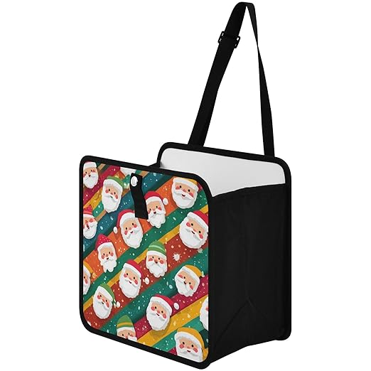 Car Trash Can Organizer Bin with Adjustable Strap for Back Front Seat Console Waterproof Leakproof Collapsible Portable 8.66 Inch Colorful Diagonal Striped Santa Claus