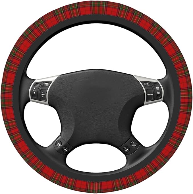 Thickened Elastic Steering Wheel Cover, Pretty Red and Green Tartan Plaid Ultra, Soft, Breathable, Fit for Cars, SUVs, Trucks, Stylish Comfortable Grip