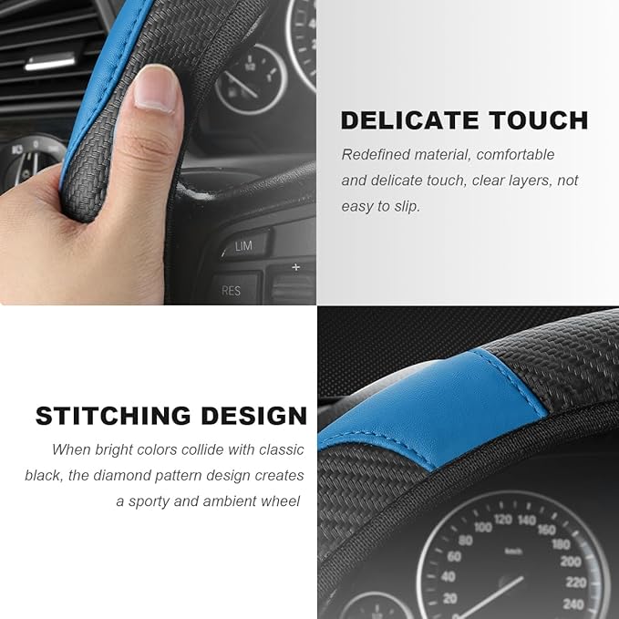 Car Steering Wheel Cover, 15 Inch Carbon Fiber Elastic Vehicle Steering Wheel Protector, Breathable Leather Auto Wheel Covers for Women Men, Interior Car Accessories (Black & Blue)