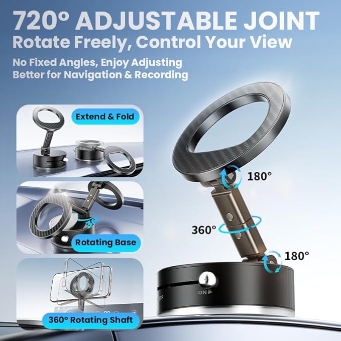 BISART Vacuum Magnetic Car Phone Holder – 360° Rotatable, Reinforced 96LBS Suction Cup Mount Compatible with MagSafe for iPhone & Android, Portable for Car, Gym & Mirror (A7-Silvery)