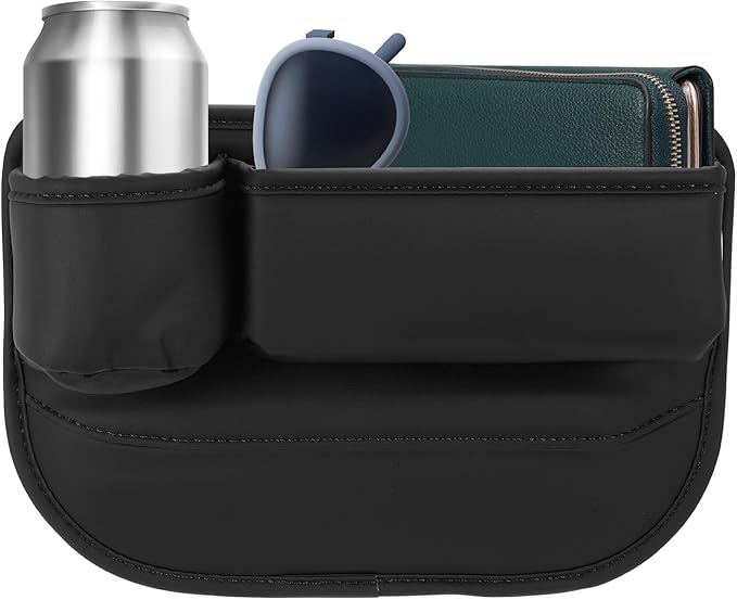 HARFINGTON Car Seat Gap Filler Organizer 11.8 x 8.3 x 2.2 Inch PU Universal Car Organizer Storage Box Between Seat and Console (Left) with Cup Holders for Phone Sunglasses Keys, Black