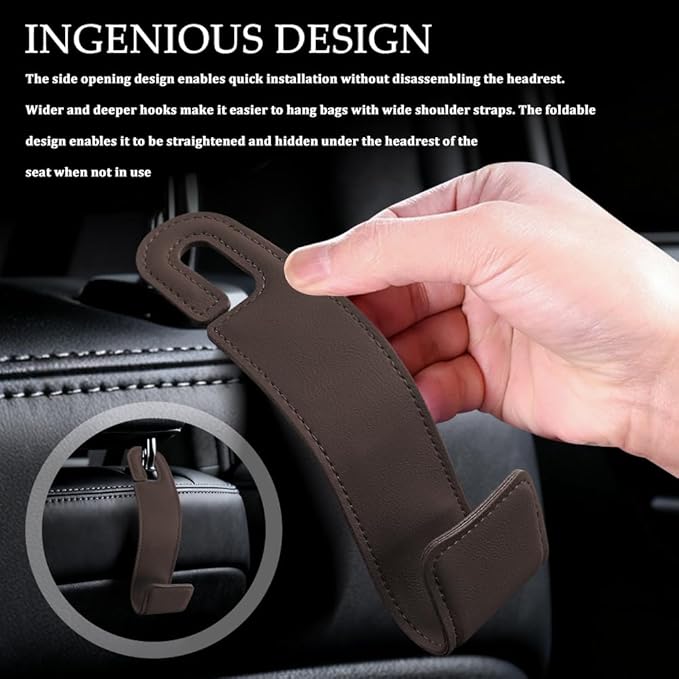 2PCS Purse Holder for Car, Purse Hook for Car, Leather Headrest Hooks for Automotive Back Seat, Auto Accessories Back Seat Organizer Hook for Grocery Bag Handbag Coat (Brown, 2PCS)