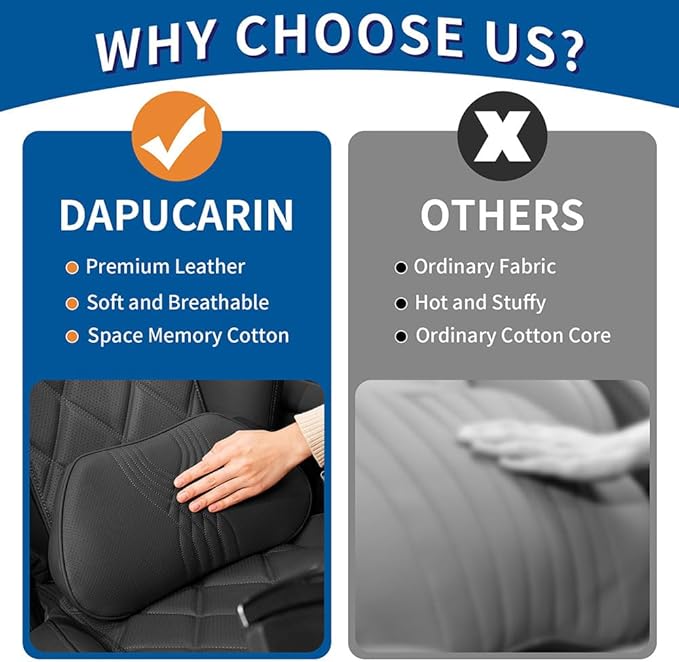 Dapucarin Lumbar Support Pillow for Car Seat, Office Chair Nappa Leather Memory Foam Lower Back Cushion for Back Pain Relief Improve Posture, Ergonomic Back Rest for Gaming Chair, Black, 1PC