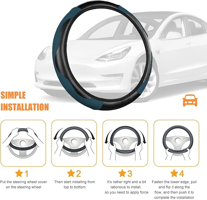 Carbon Fiber Car Steering Wheel Cover, 14.5-15 Inch Elastic Stretch Steering Wheel Guard, Sports Style Non-Slip Automotive Interior Accessories, Universal for Vehicles (Dark Green)