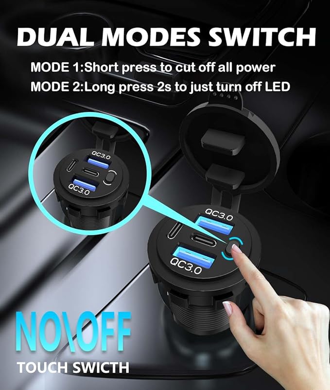 Quad-Port 12V USB Outlet with Switch & LED - 78W Dual QC3.0 & Dual PD3.0 USB C Car Charger Socket for RV Motorcycle Marine Truck Golf Cart Boat Accessories