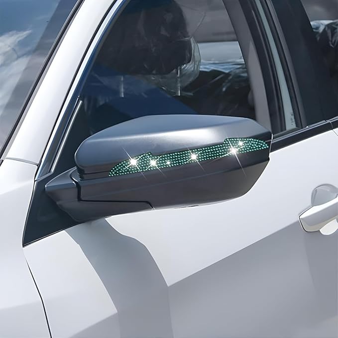 4PCS Bling Car Rear View Mirror Anti-Scratch Stickers Protector, Rhinestone Auto Door Handle Edge Guards, Crystal Anti-Collision Strip Decal, Car Exterior Decoration Accessories for Women (Light Blue)