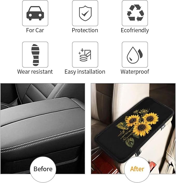 Yellow Sunflower Car Center Console Pad Cushion Cute Flower Auto Center Console Cover Protector Flowers Cars Decor Accessories Fit for Truck Vehicles SUVs, Black