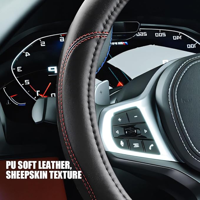 Car Steering Wheel Cover, 15 Inch Non-Slip Leather Full Surround Steering Wheel Guard with Inner Ring, Automotive Interior Protective Accessories, Compatible with Most Vehicle (Black/Red)