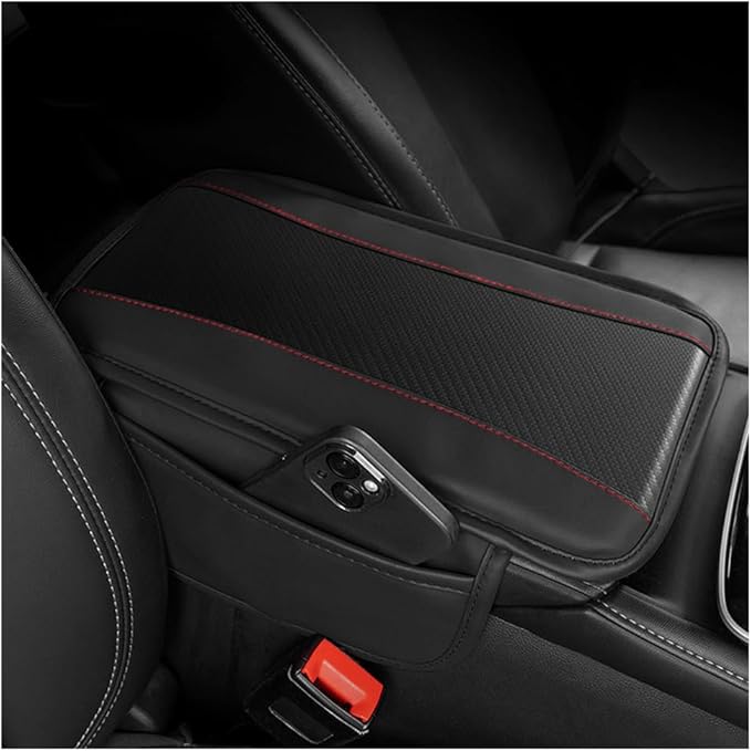 Mandark Car Center Console Cover with 2 Storage Bags, Auto Interior Arm Rest Storage Box Pad Accessories, Carbon Fiber Leather Vehicle Armrest Cushion, Universal for SUV, Truck, RV (Black)