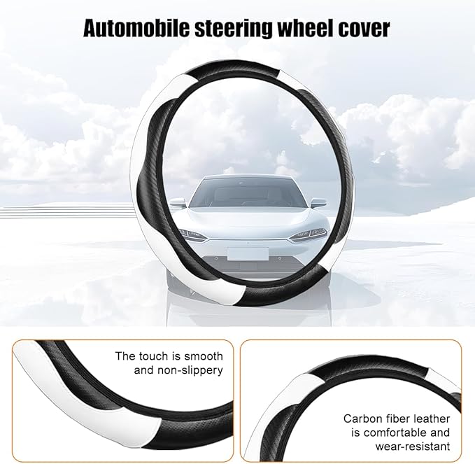 Carbon Fiber Car Steering Wheel Cover, 14.5-15 Inch Elastic Stretch Steering Wheel Guard, Sports Style Non-Slip Automotive Interior Accessories, Universal for Vehicles (Black/White)