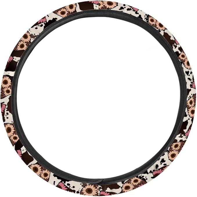 Universal Non-Slip Steering Wheel Cover, 15-inch Polyester Material Driving Accessories, Adjustable for Car and Truck(Sunflower Heart Leopard Print)