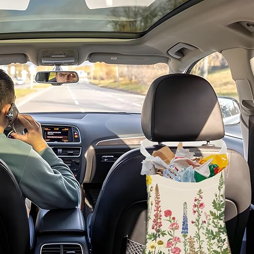 Various Wildflowers Print Car Trash Bag Portable Waterproof Hanging Garbage Bag with Snap Buttons Back Seat Rubbish Storage Dustbin for Car Interior Accessories Kitchen Home Travel