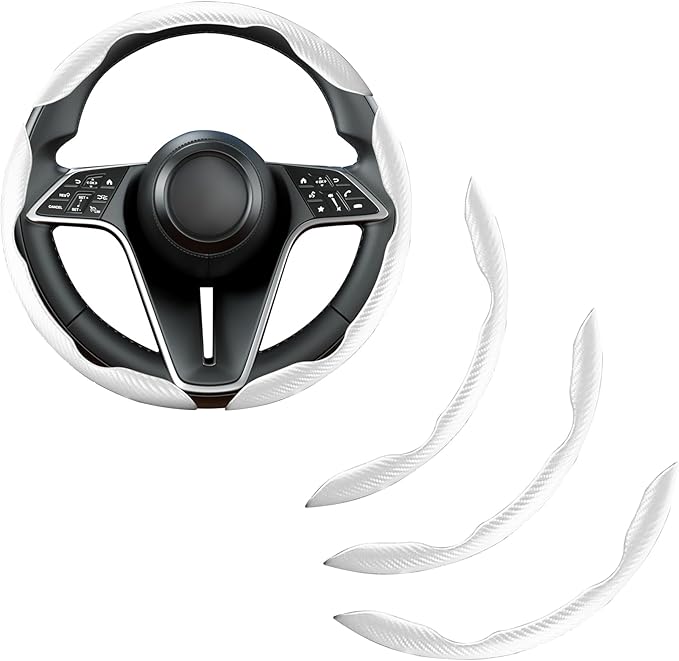 LevChall Carbon Fiber Steering Wheel Cover, 3-Piece Set Anti-Skid Comfortable Grip Segmented Butterfly Design, Easy Snap-On Installation Universal Fit 99% Cars, White