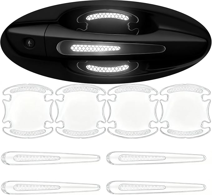 8pcs Clear Car Door Handle Scratch Protector，Clear-Transparent & 3D Carbon Fiber-Marking,Anti Scratch,Universal Auto Door Handle Anti Scratch Cover Guard (White)