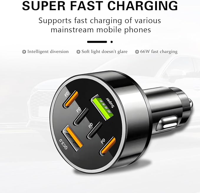 6 Ports 66W Car Charger, 12-24V Super Fast Charging with USB PD&QC 3.0 with LED Voltmeter for Cigarette Lighter Plug, Compatible with All Smartphone, Universal Auto Accessories