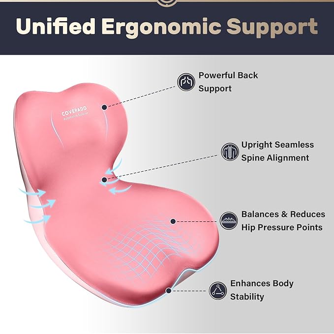 Coverado Car Seat Cushion and Lumbar Support Pillow One Piece, Memory Foam Ergonomic Back Support Driving Seat Cushion for Back Pain, Non-Slip Washable Cushion for Car, Driver, Office