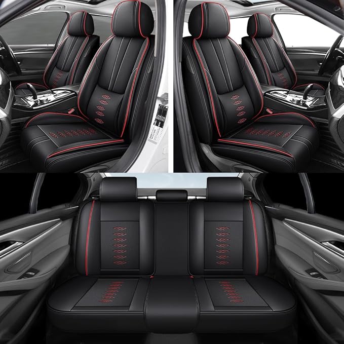 Premium Universal Car Seat Cover, Comfortable Leather Seat Cover for 96% of Models, Waterproof Car Seats Protectors Cushions for 5 Seats(Black+Red)