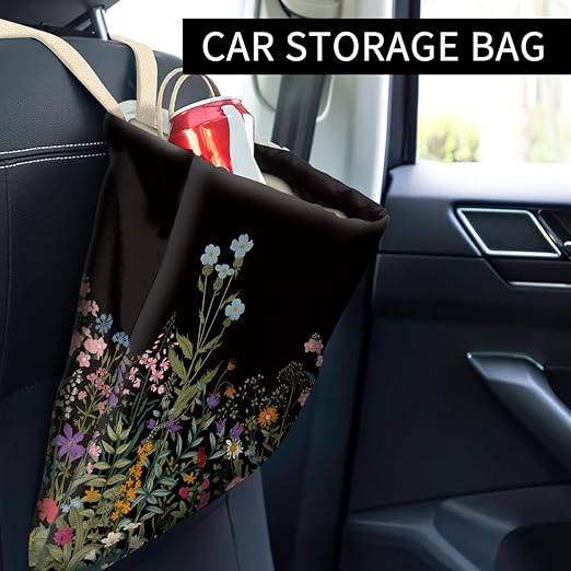 ABUIFDK Car Trash Can, Cute Car Trash Bag, Hanging Car Organizer and Storage Bag, Trash Bin for Car Accessories, Vehicle, Travelling, Camping Black Dark Flower