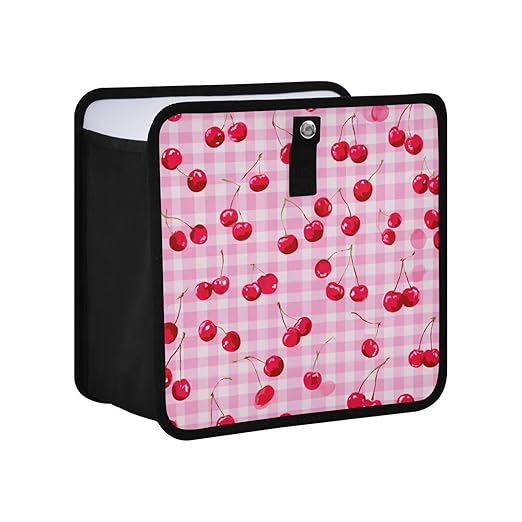 Car Trash Can Organizer Bin with Adjustable Strap for Back Front Seat Console Waterproof Leakproof Collapsible Portable 8.66 Inch Pink Juicy Checkered Cherry