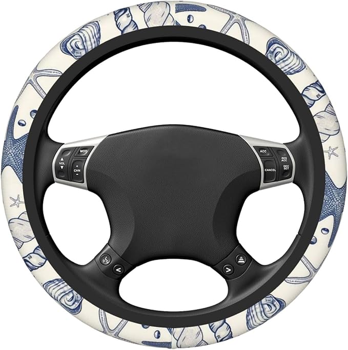 Car Steering Wheel Cover with Anti-Slip Lining, Universal 15 inch Wheel Cover, Fashion Car Interior Accessories for Women Men - Sea Starfish Shells