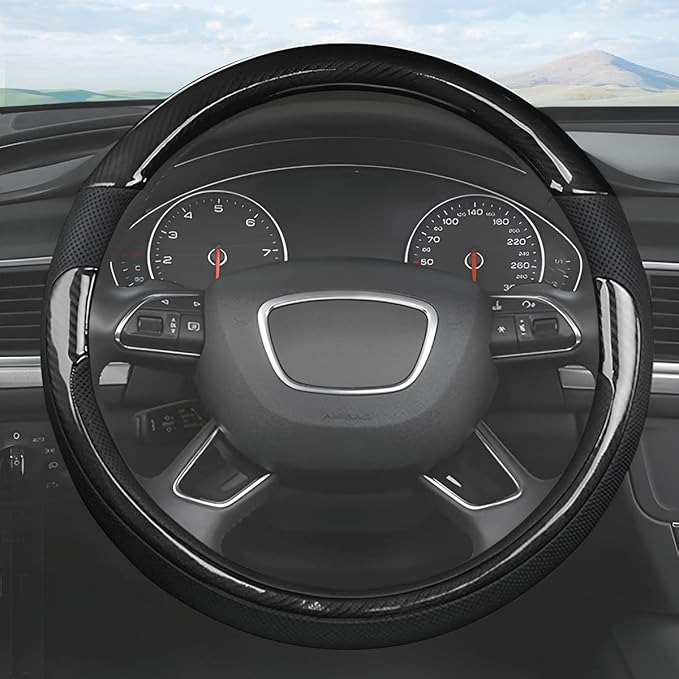 Universal Steering Wheel Cover - Microfiber Leather, 15 Inch, Anti-Slip, Breathable, Odorless Car Steering Wheel Protector, SUV Accessory (Bright Black)