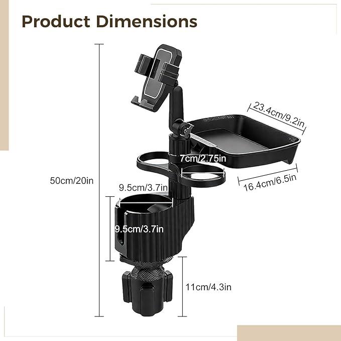 6-in-1 Car Cup Holder Expander with Tray & Phone Mount, Car Food Tray with 360° Rotation Adjustable Base, Car Cup Holder, Ideal for Drinks, Snacks, Foods