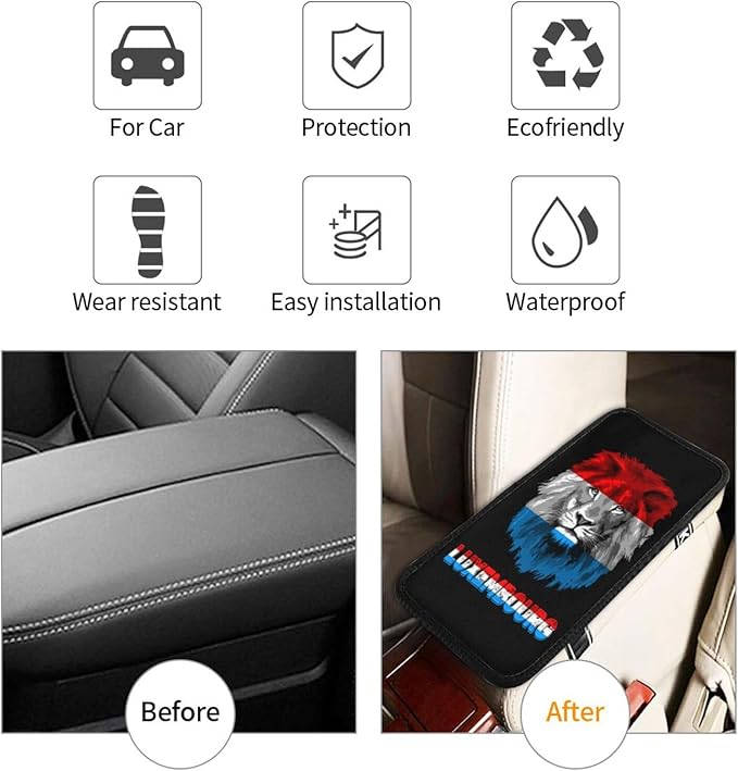 Vintage Luxembourg Luxembourger Flag Lion Head Auto Center Console Armrest Cover Car Handrail Box Cushion Pad Mat Universal Fit Most Vehicle Sedan Truck SUV Soft Comfort Decor Accessories